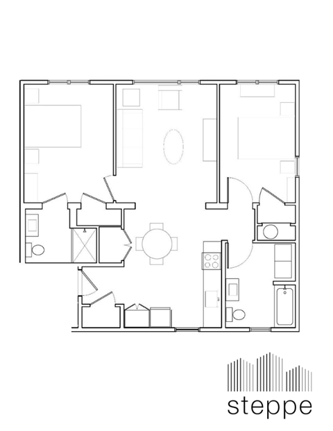 Floor plan for 2 beds, 2 baths, 919 sqft